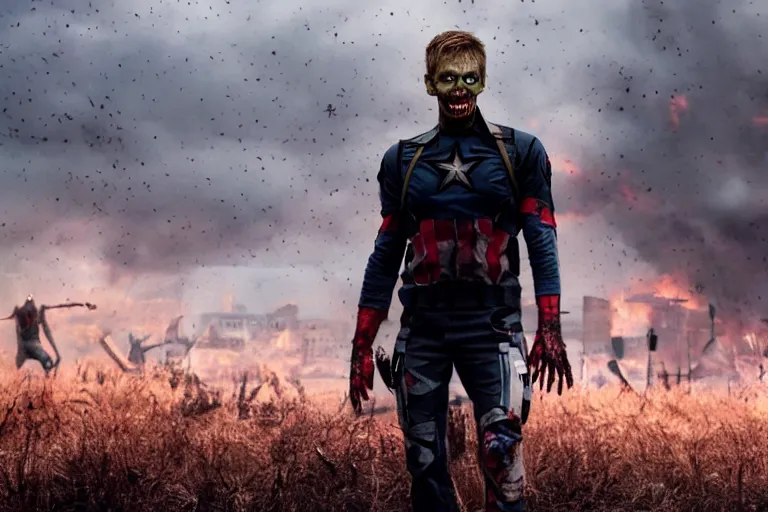 Image similar to film still of zombie zombie Hawkeye as a zombie in new avengers movie, 4k