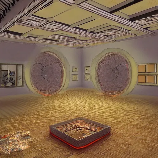 Image similar to virtual art museum in a 9 0 s video game, net art, ps 2 graphics, 3 d computer rendering, liminal space!!!, hd, intricate, detailed