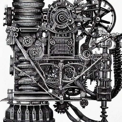 Prompt: miskatonic mechanical engine, black ink on paper, trending on artstation, beautiful, intricate, detailed