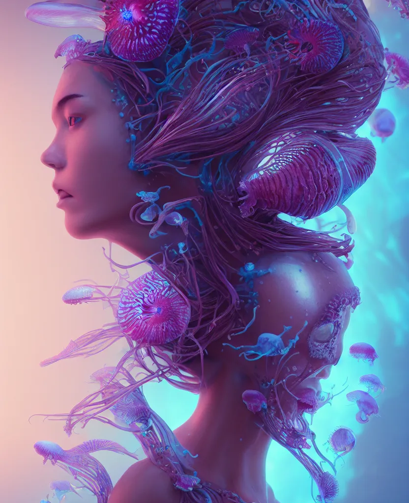 Image similar to goddess close-up portrait. orchid jellyfish phoenix head, nautilus, skull, betta fish, bioluminiscent creatures, intricate artwork by Tooth Wu and wlop and beeple. octane render, trending on artstation, greg rutkowski very coherent symmetrical artwork. cinematic, hyper realism, high detail, octane render, 8k