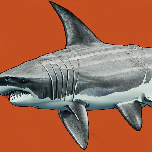 Image similar to great white shark, side view, with a silver and orange striped traffic cone construction cone on its dorsal fin, mandala background - ron cheng & alphonse mucha, highly detailed, digital painting, ray tracing, concept art, illustration, smooth sharp focus, intricate, symmetry, artstation,