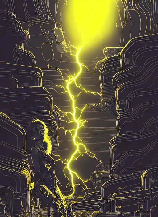 Image similar to highly detailed portrait of wasteland punk long curly bright yellow and white plasma electricity hair tribal lady, stray electric spark wiring by atey ghailan, james gilleard, by joe fenton, by greg rutkowski, by greg tocchini, by kaethe butcher, 4 k resolution, gradient yellow, black and white color scheme!!! ( ( lightning cloudy robotic dystopian city background ) )