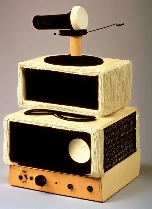 Image similar to realistic photo of a a medieval astronomy appliance model equipment gadget, made of wood white clay and fur with black wires 1 9 9 0, life magazine reportage photo, natural colors, metropolitan museum collection