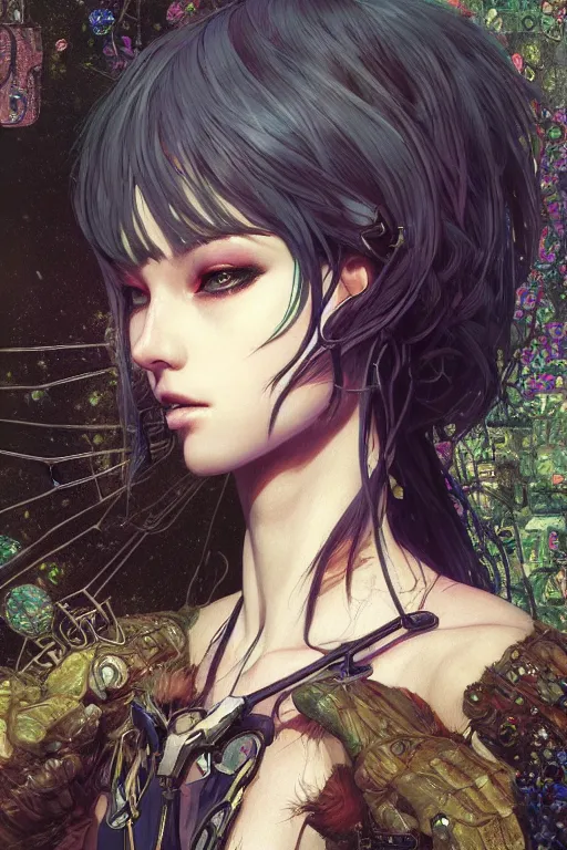 Image similar to portrait of beautiful young spider, cyberpunk, Warhammer, highly detailed, artstation, illustration, art by Gustav Klimt and Range Murata and Ilya Kuvshinov and Sakimichan