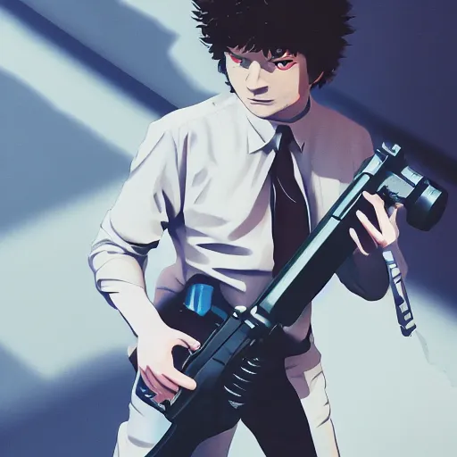 Image similar to ed sheeran as spike spiegel from cowboy bebop, holding a gun like james bond, by ilya kuvshinov, rob rey, giuseppe dangelico pino, cinematic, 4 k, realistic, wide angle lens. 8 k, hyperdetailed, precise, low - lighting