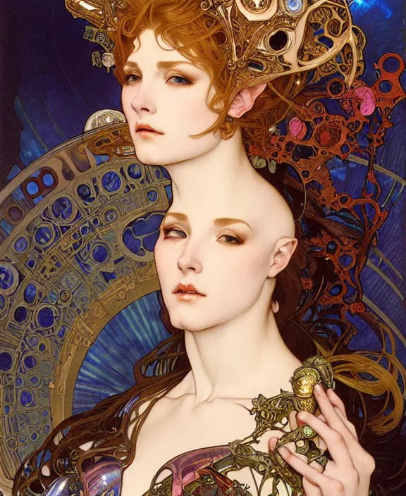 Prompt: realistic detailed face portrait of a beautiful futuristic italian renaissance queen in opulent alien armored gown by alphonse mucha, ayami kojima, amano, greg hildebrandt, and mark brooks, female, feminine, art nouveau, ornate italian renaissance cyberpunk, iridescent venetian blown glass, neo - gothic, gothic, character concept design