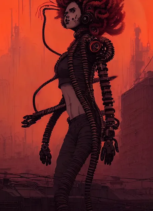 Prompt: highly detailed portrait of wasteland punk long curly fire hair tribal lady, stray wiring by atey ghailan, james gilleard, by joe fenton, by greg rutkowski, by greg tocchini, by kaethe butcher, 4 k resolution, gradient red, orange, black and white color scheme!!! ( ( flaming robotic dystopian city spiral background ) )