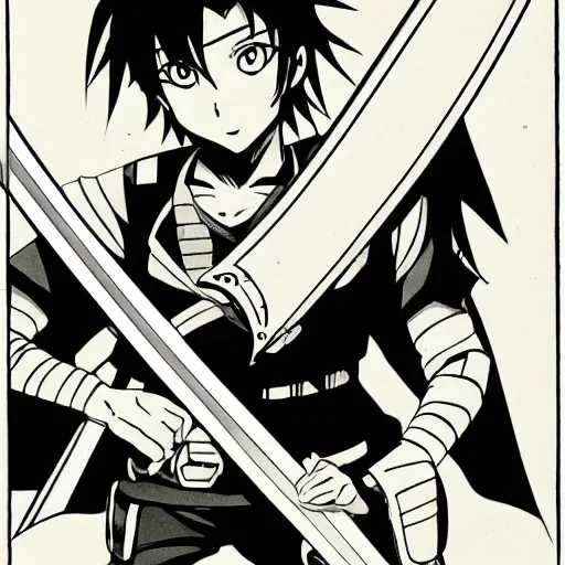 Image similar to young anime hero with a sword, illustrated by mato and ken sugimori, studio ghibili, manga, black and white illustration