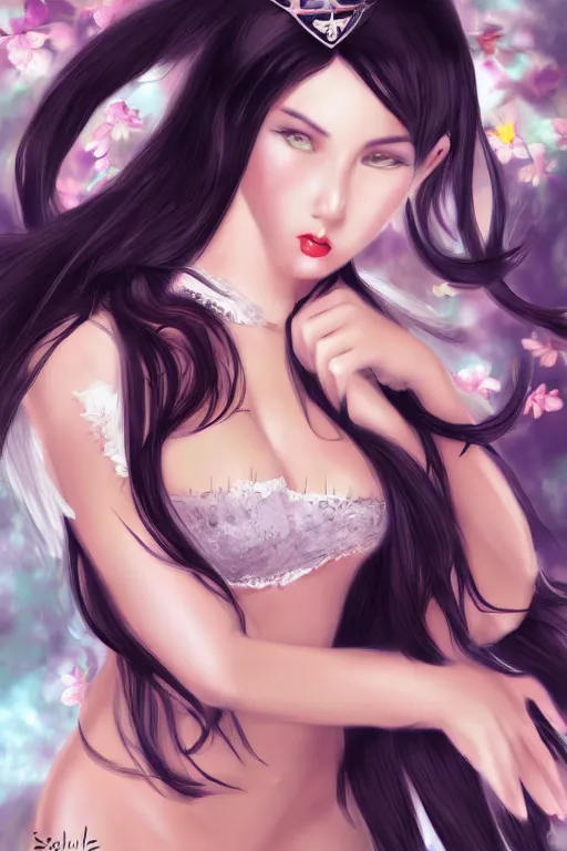 Image similar to gorgeous young queen with black hair, full body portrait, seductive, realistic, digital art, high detail, lively, art by sakimi chan