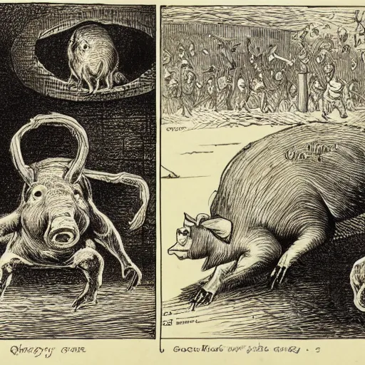 Prompt: Squealer the pig walking on two legs, creepy atmosphere, close-up, illustration by Gustave Doré, Animal Farm by George Orwell