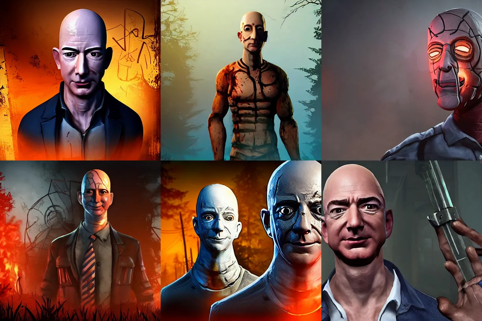 Prompt: Screenshot of Jeff Bezos as a survivor in Dead By Daylight