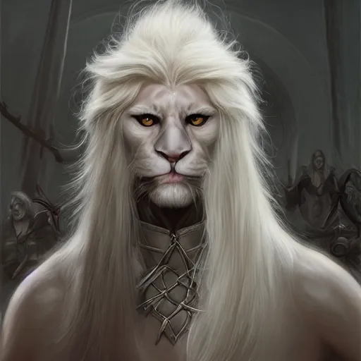 Prompt: portrait, handsome long - haired male anthro albino panther fantasy, rpg game, stern expression, main character, highly detailed, digital painting, artstation, concept art, smooth, sharp focus, illustration, artgerm, tomasz alen kopera, peter mohrbacher, donato giancola, joseph christian leyendecker, wlop, frank frazetta