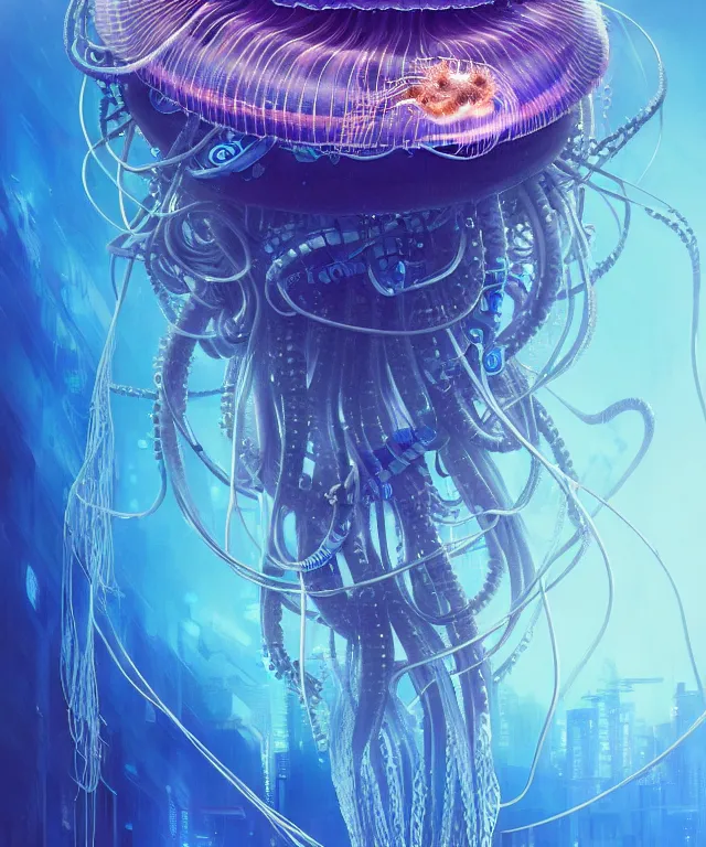 Image similar to a hyper detailed painting of a cyberpunk jellyfish, cables everywhere, blue tones, underwater, highly detailed, digital painting, artstation, concept art, smooth, sharp focus, illustration, art by artgerm and greg rutkowski and alphonse mucha