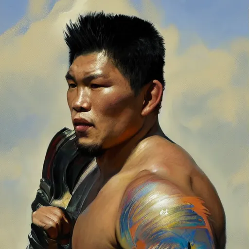 Prompt: greg manchess portrait of a filipino mma fighter charging with a sword, organic painting, sunny day, matte painting, bold shapes, hard edges, street art, trending on artstation, by huang guangjian, gil elvgren, ruan jia, randy vargas, greg rutkowski