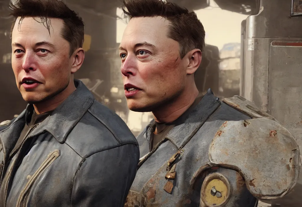 Image similar to elon musk in the video game in fallout 4, apocalyptic wastland, close up, 3 d rendering. unreal engine. amazing likeness. very detailed.