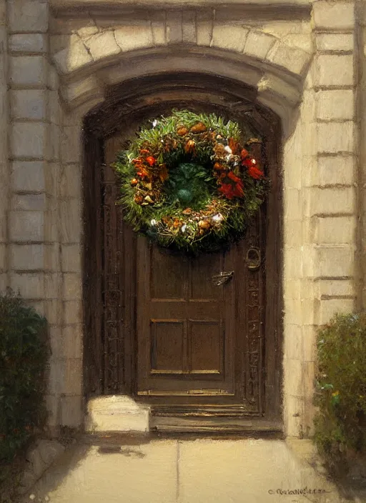 Image similar to wreath on new york apartment building door, artwork by gaston bussiere, craig mullins, trending on artstation