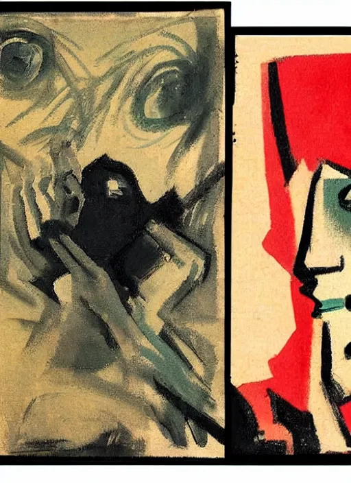 Prompt: 1920s german expressionism by Igor Scherbakov, moody, an extreme close-up abstract portrait of a lady enshrouded in an impressionist representation of the meaning of life, abstract, art by Jack Gaughan, figure painting by Anthony Cudahy, vintage postcard illustration, minimalist cover art by Mitchell Hooks