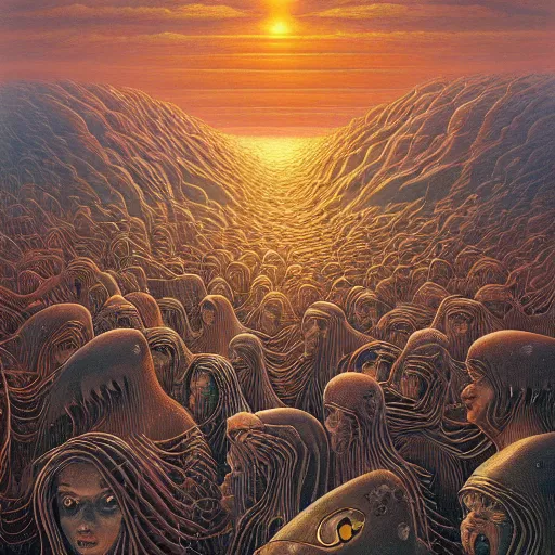 Image similar to sirens of the red sea by jacek yerka, alex gray, zdzisław beksiński, dariusz zawadzki, jeffrey smith and h.r. giger, oil on canvas, 8k highly professionally detailed, trending on artstation