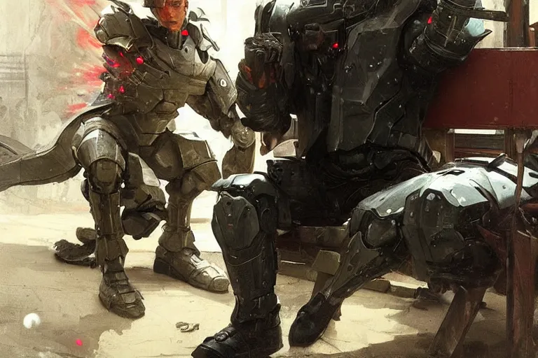 Image similar to an intense battle rages behind an android soldier sitting on a bench, laser blasts, dramatic, he is sad, hunched shoulders, detailed concept art by caravaggio and greg rutkowski and norman rockwell and ruan jia