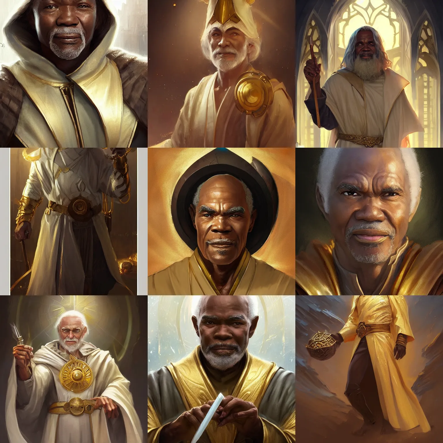 Prompt: old male cleric, glynn turman, art by artgerm and greg rutkowski and magali villeneuve, gold and white robes, solarpunk, d & d, fantasy, highly detailed, headshot, digital painting, trending on artstation, concept art, sharp focus, illustration