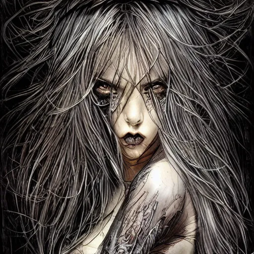 Prompt: the brittle. digital painting, vertical lines, intricate, beautiful, detailed, grunge, illustration, abstract art by luis royo, trending on artstatio. darker bottom