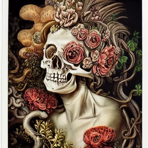 Prompt: a beautiful detailed front view rococo portrait of a rotten woman corpse becoming almost a skull with fractal plants and fractal flowers and mushrooms growing around, intricate, ornate, volumetric light, beautiful lit, polaroid photography, the northman