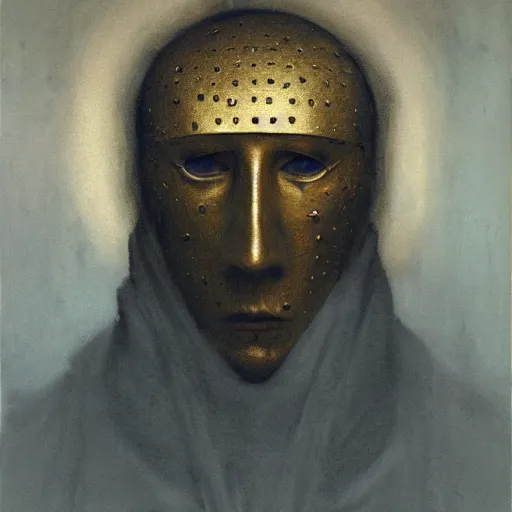 Image similar to Portrait of a priest with a golden mask with the face of Nicolas Cage dark fantasy, intricate, smooth, artstation, painted by Wayne Barlowe, zdislav beksinski