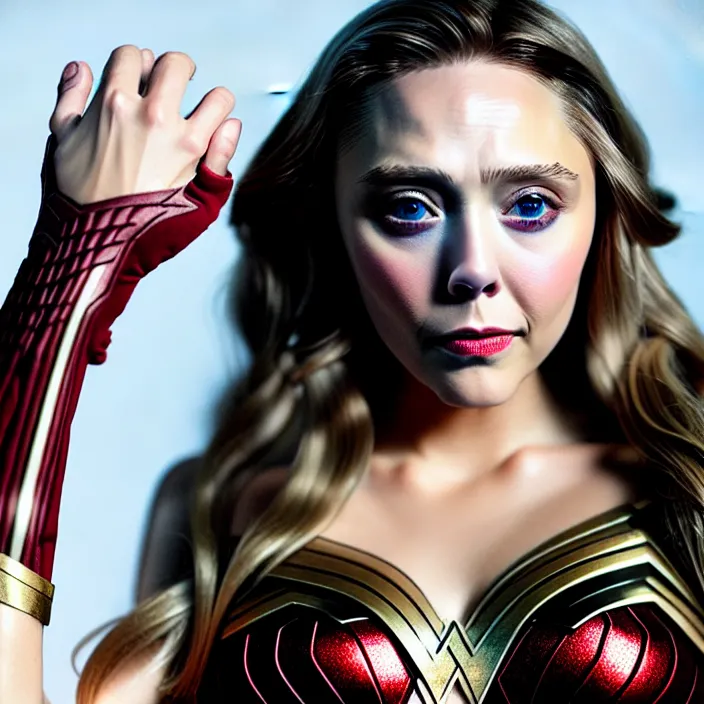 Image similar to professional full length photograph of elizabeth olsen as wonder woman. Extremely detailed. 8k