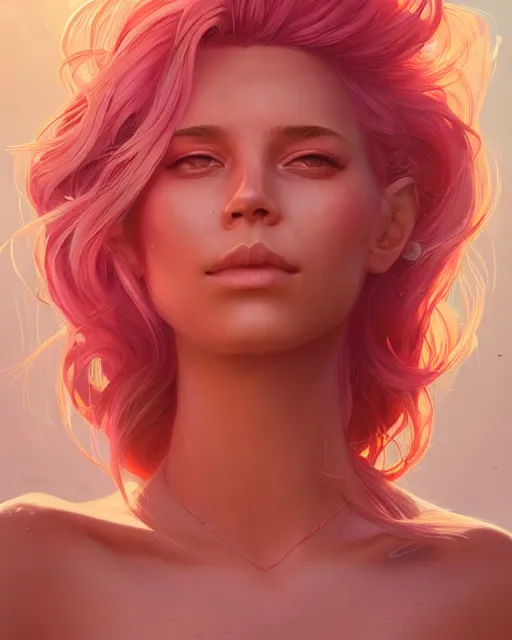 Image similar to summer vibes, beautiful sun tanned goddess portrait, flowy pink hair, sun, summer, cinematic lighting, highly detailed, digital painting, trending on artstation, pixiv, concept art, sharp focus, illustration, art by ross tran and wlop