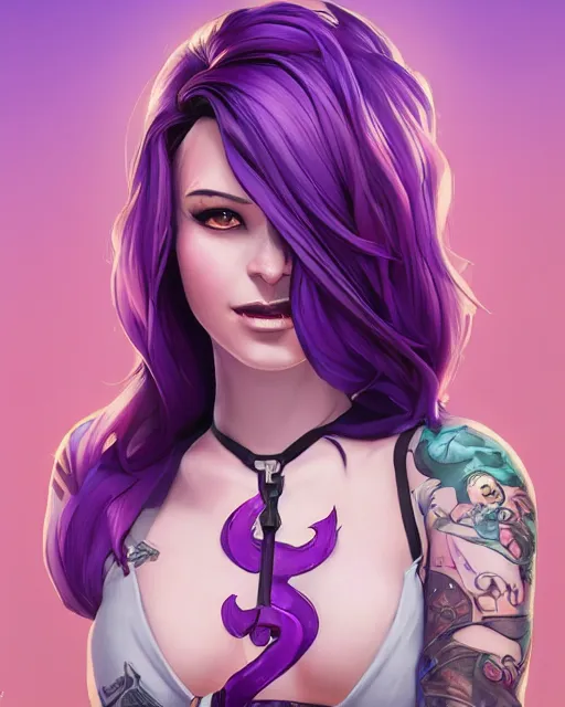 Prompt: beautiful female singer purple hair tattoo symmetrical face eyes full length fantasy art fortnite Video game icon, 2d game art gta5 cover , official fanart behance hd artstation by Jesper Ejsing, by RHADS, Makoto Shinkai and Lois van baarle, ilya kuvshinov, rossdraws