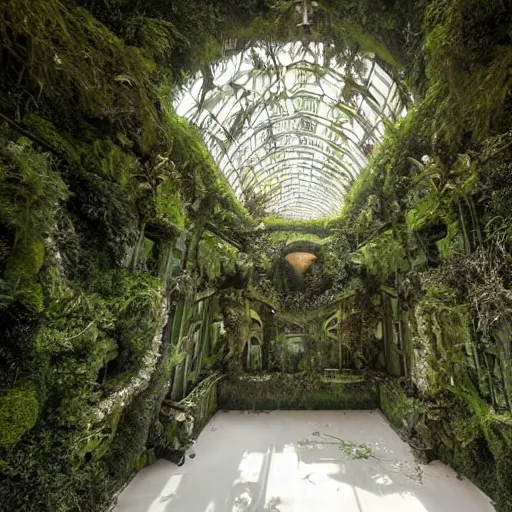 Prompt: a dream about opulent, abandoned overgrown futuristic mansion designed by Zaha Hadid, lush plants growing through the floors and walls, walls are covered with moss and vines, beautiful, dusty, golden volumetric light shines through giant broken windows, golden rays fill the space with warmth, rich with epic details, dreamy atmosphere and drama