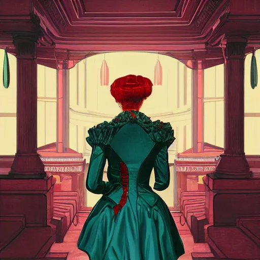 Prompt: portrait of a victorian lady in a futuristic city, from behind, streets, red and gold and blue and green, highly detailed, digital painting