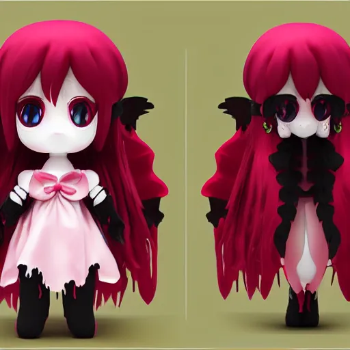Prompt: cute fumo plush of a magical girl from the depths of hell, gothic maiden of the dark, tattered wings, decay, halloween, cursed, vray