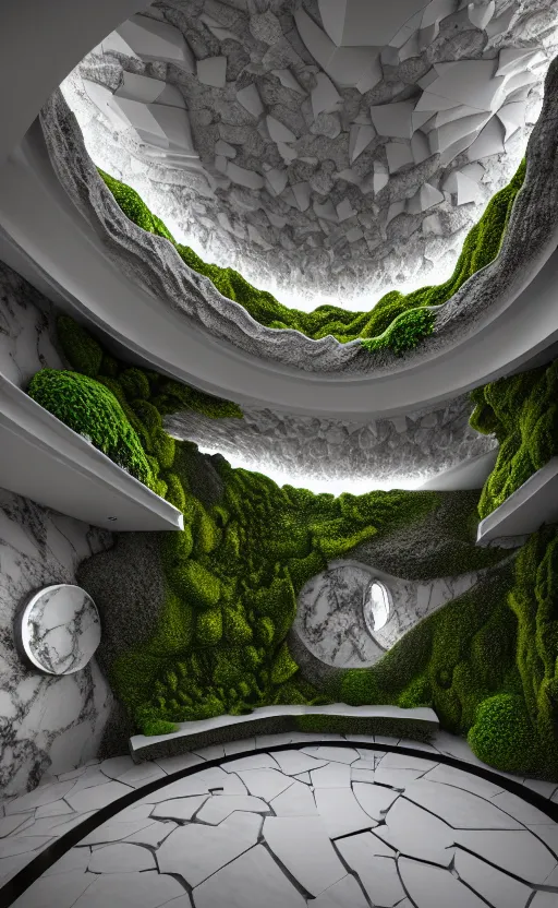 Image similar to highly detailed ultra sharp 3 d render villa interior cinematic composition of a smooth ceramic porcelain biomorphic magnolia stone nebula fluid fractal sci - fi surreal architecture landscape, granite, metallic, magnesium, marble, moss and lichen, vincent callebaut composition, mamou - mani, archviz, beautiful lighting, 8 k, unreal engine, hdr,