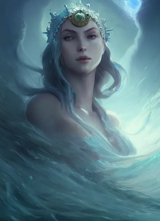 Image similar to sea queen, mysterious, lunar, gentle, highly detailed, digital painting, artstation, concept art, smooth, clear focus, illustration, unreal engine 5, 8 k, works by ross tran, greg rutkowski and edgar maxence