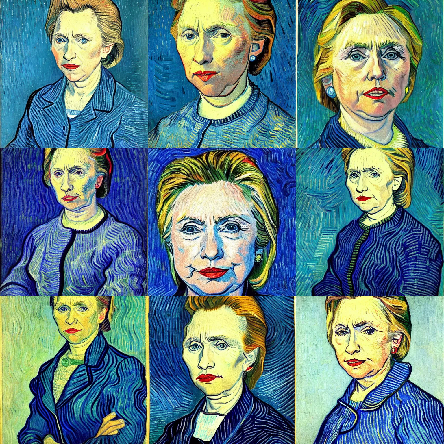 Prompt: detailed portrait of hillary clinton, thick blue lines, painted by vincent van gogh, oil on canvas, 1 8 8 9.