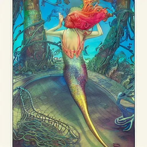 Prompt: mermaid on roller skates by william barlowe and pascal blanche and tom bagshaw and elsa beskow and enki bilal and franklin booth, neon rainbow vivid colors smooth, liquid, curves, very fine high detail 3 5 mm lens photo 8 k resolution..