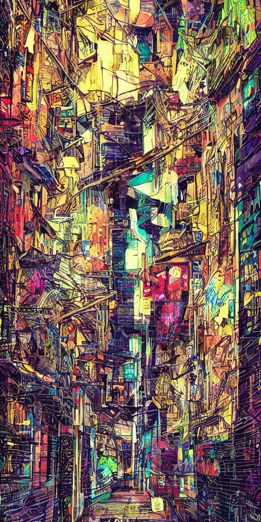 Image similar to person standing in a cyberpunk alley, pop art, markers, rtx, 8 k, ray tracing, highly detailed