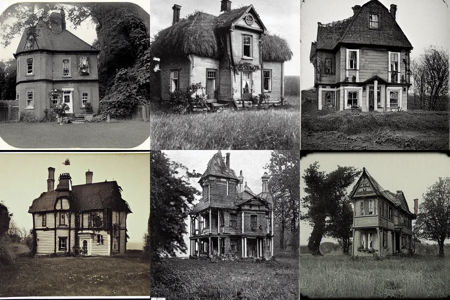 Prompt: house in the middle of nowhere with lovecraftian horror atmoshpere old vintage victorian england photo