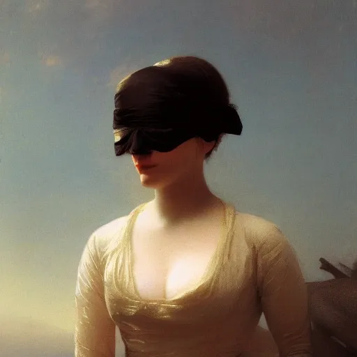 Image similar to a woman’s face wearing a chrome blindfold, by ivan aivazovsky and alma tadema and remrandt and willen claesz heda, rendered in octane