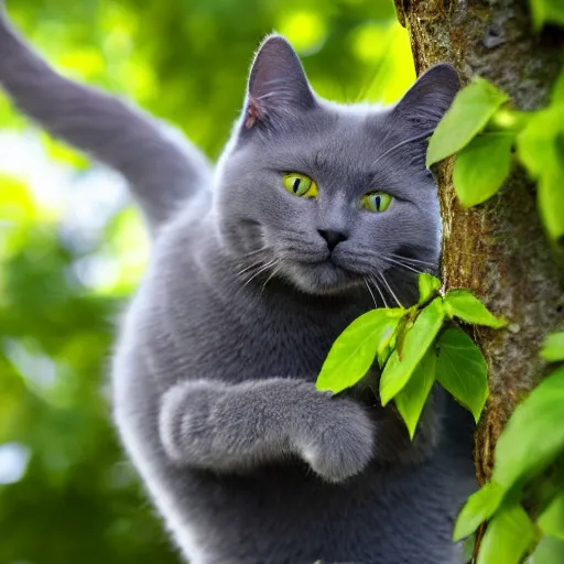Prompt: very beautiful picture of a Chartreux cat climbing a tree, realistic