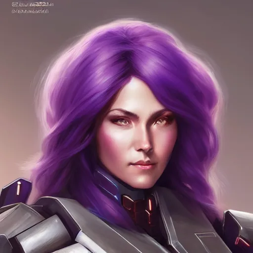 Image similar to a portrait of a very beautiful woman in battletech elemental clanner clan battle armor, Alexandria\'s genesis, chin-length purple hair, bored, illustration, soft lighting, soft details, painting oil on canvas by mark arian by artgerm, trending on artstation, 4k, 8k, HD