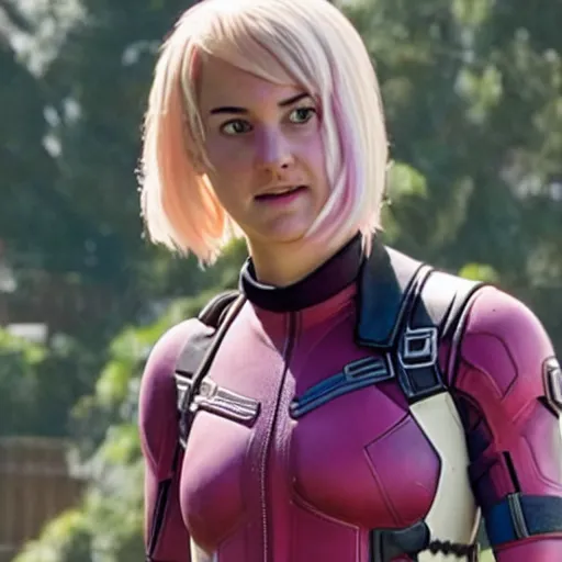 Image similar to A still of Shailene Woodley as Gwenpool in Deadpool 3 (2023), blonde hair with pink highlights, no mask