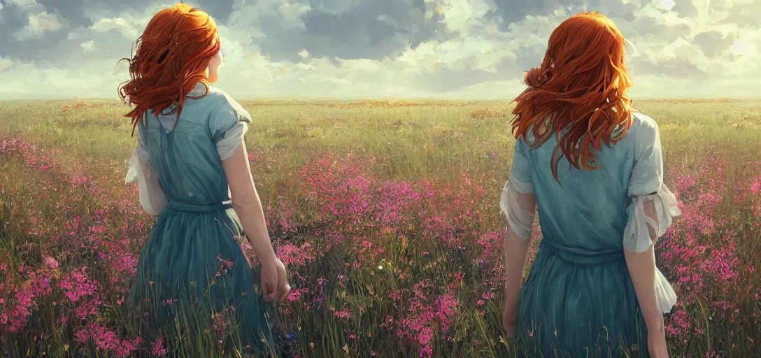 Image similar to a beautiful southern woman named Savannah, innocent, somber turquoise eyes, freckles, long ginger hair tied with white ribbon, relaxed in a field of flowers on a farm, gentle lighting, storm in the distance, western clothing, dress, digital art by Makoto Shinkai ilya kuvshinov and Wojtek Fus, digital art, concept art,