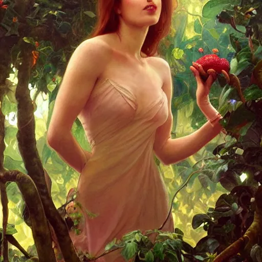 Image similar to eve eating fruit from the tree of knowedge of good and evil in the gardnen of eden, highly detailed, digital painting, artstation, concept art, smooth, sharp focus, illustration, artstation, art by artgerm, greg rutkowski, alphonse mucha, ilya repin and charlie bowater