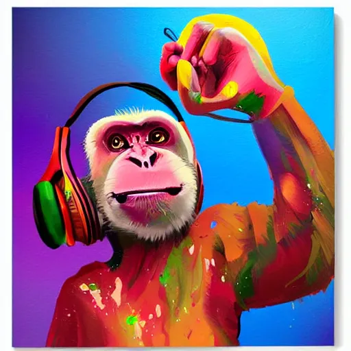 Image similar to colorful illustration of monkey in headphones, colorful splatters, by andy wrahol, by zac retz, by kezie demessance