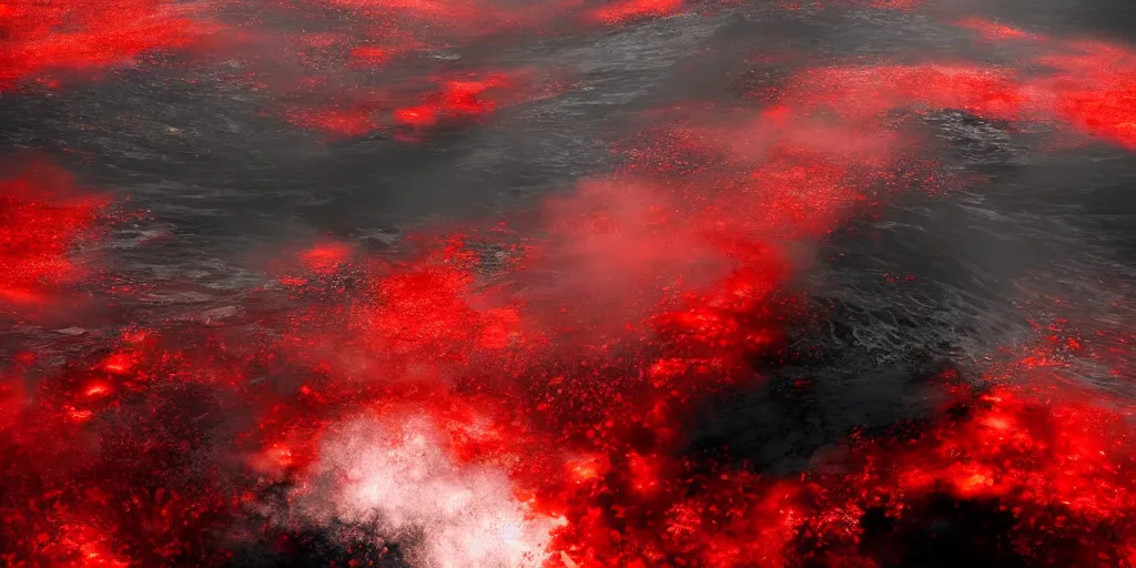 Image similar to a churning, boiling, fiery red sea with lots of smoky black and red steam, fantasy digital art, octane render, beautiful composition, trending on artstation, award-winning photograph, masterpiece