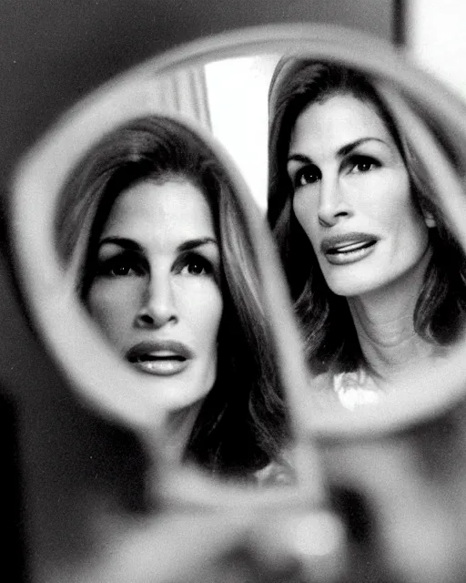 Image similar to cindy crawford looking at the mirror and seeing julia roberts in the reflection, 1970s