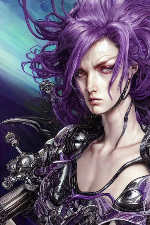 Prompt: extreme close up facial portrait, pale woman with flowing purple hair in sci - fi armor, bionic armor, stoic, powerful, by artgerm and yoshitaka amano and moebius and alphonse mucha, hyperdetailed, dc comics, ornate, nebula, detailed, yoji shinkawa, trending on artstation