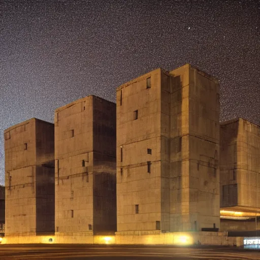 Image similar to soviet brutalist architecture, well lit, night